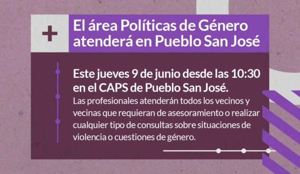 Hoy jueves, el área Políticas de Género atenderá en Pueblo San José
