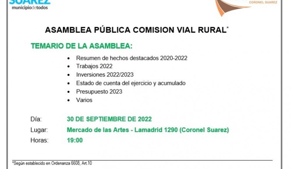 La Comisión Vial Rural convoca a Asamblea Pública para este viernes en el Mercado de las Artes
