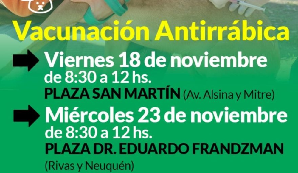 Campaña de vacunación antirrábica en Plaza San Martín y Plaza Dr. Eduardo Frandzman
