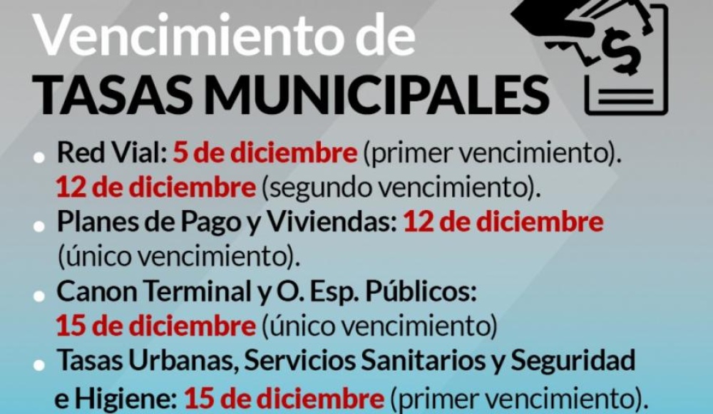 Vencimiento de Tasas Municipales del mes de diciembre
