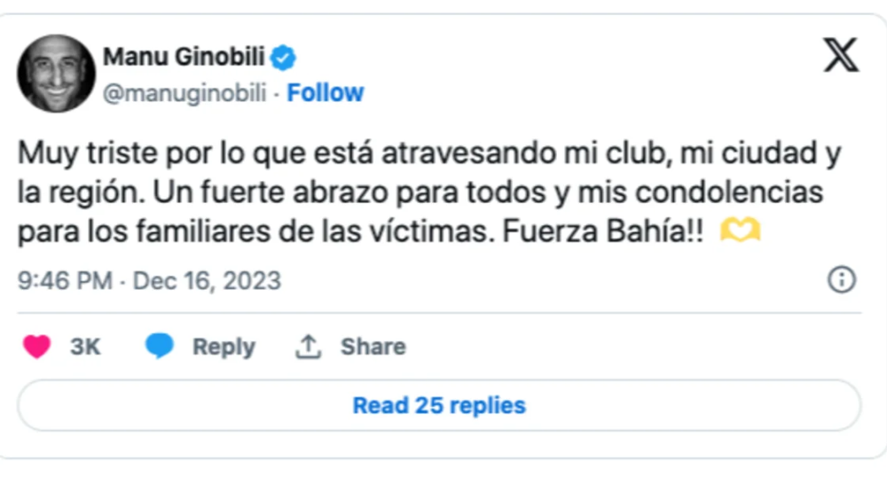 Ginóbili expresó sus condolencias por la tragedia en el club de Bahía Blanca tras el temporal