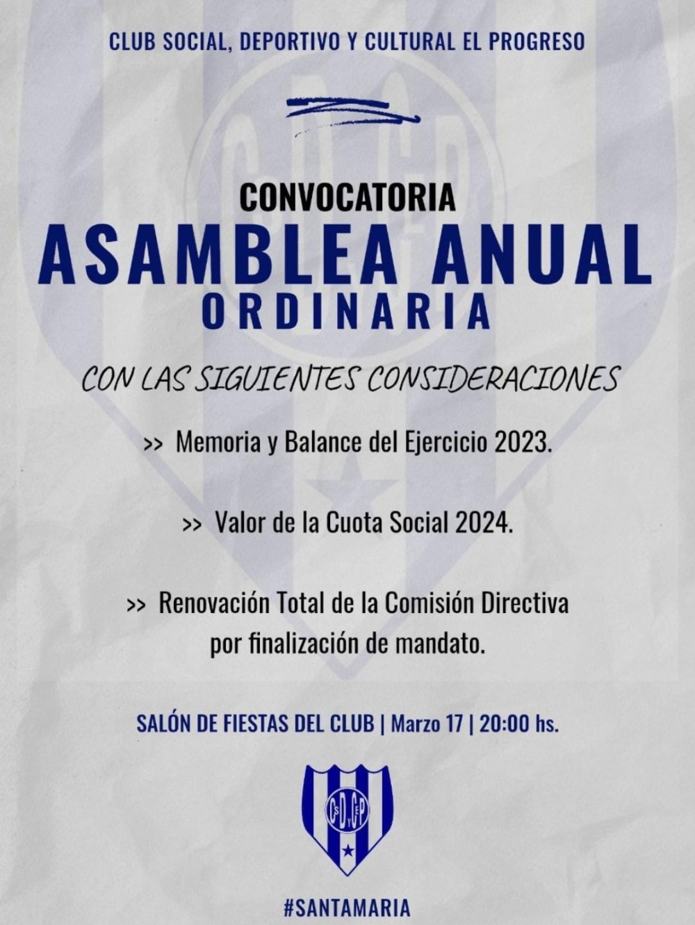 El domingo, Asamblea General Ordinaria de Club El Progreso de Santa María
