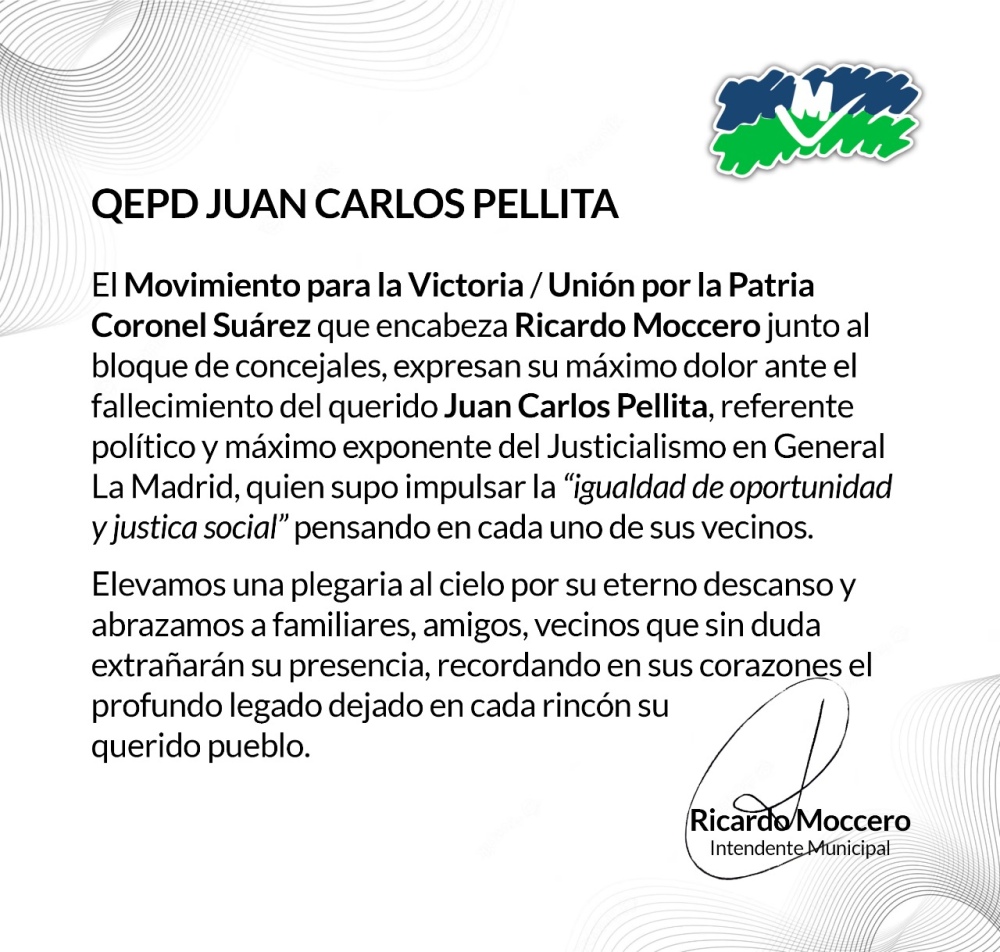 El MPV lamenta el fallecimiento de Juan Carlos Pellita, ex intendente de La Madrid