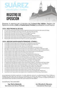 Registro de Oposición: extensión redes de gas en pueblo Santa Trinidad