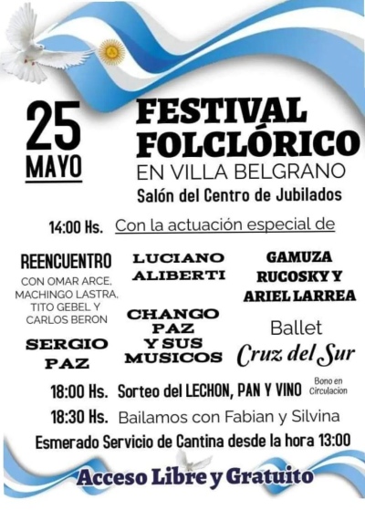 El sábado, festival folklórico con entrada libre y gratuita en Villa Belgrano