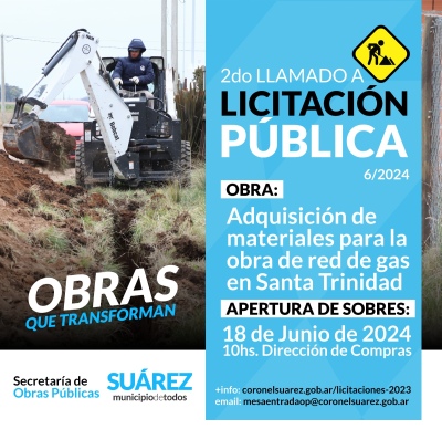Segundo llamado a Licitación Pública 6/24: Materiales para la obra de red de gas en Santa Trinidad
